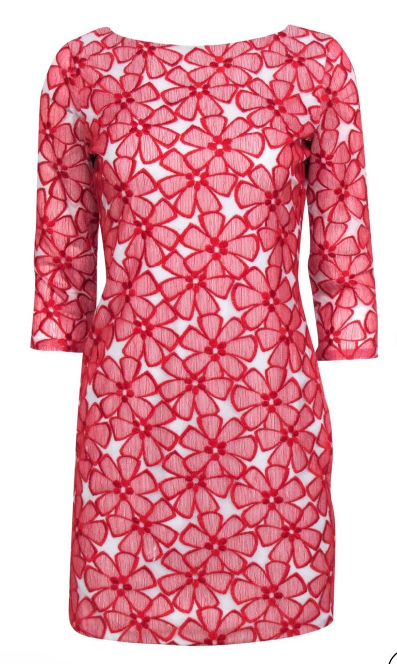 Diane von Furstenberg Floral Embroidery 3/4 Sleeve Lace Silk Lined Women 8 Red